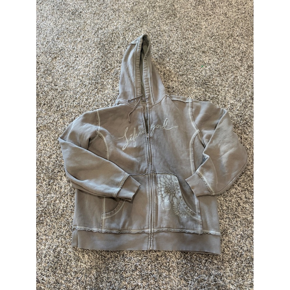 Life is Good Womens Gray Relaxed Fit Full Zip Hoodie Floral Logo Size Large